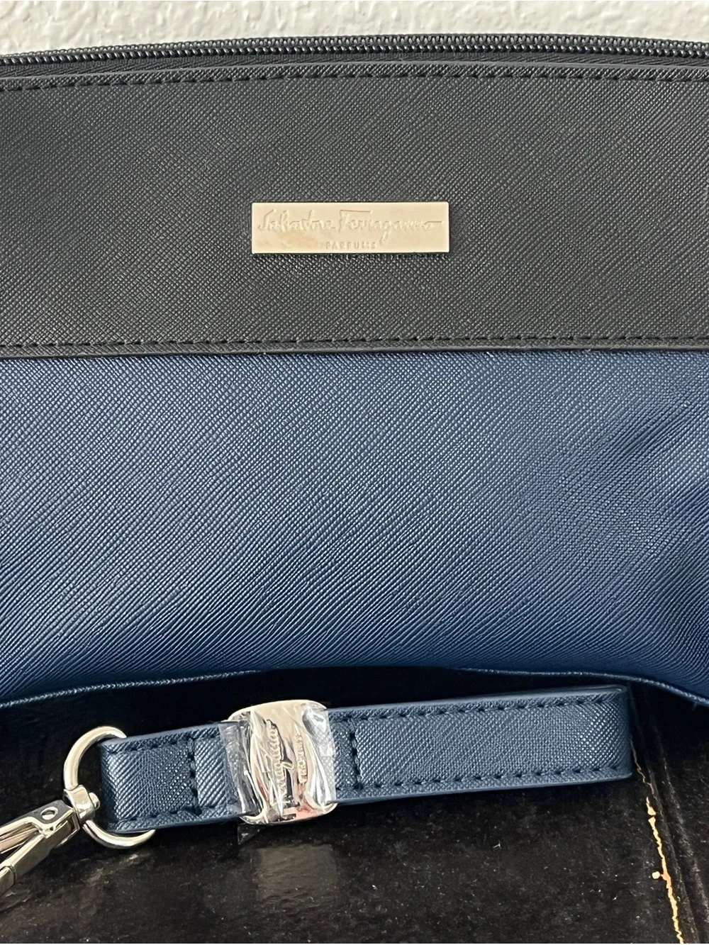 Salvatore Ferragamo Navy and Black Cosmetic Bag with Detachable Keychain